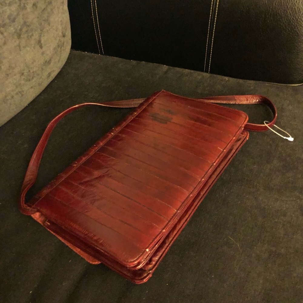 Vintage Eel Skin Leather Shoulder Bag | Cherry Brown Statement Purse - Picture 6 of 8